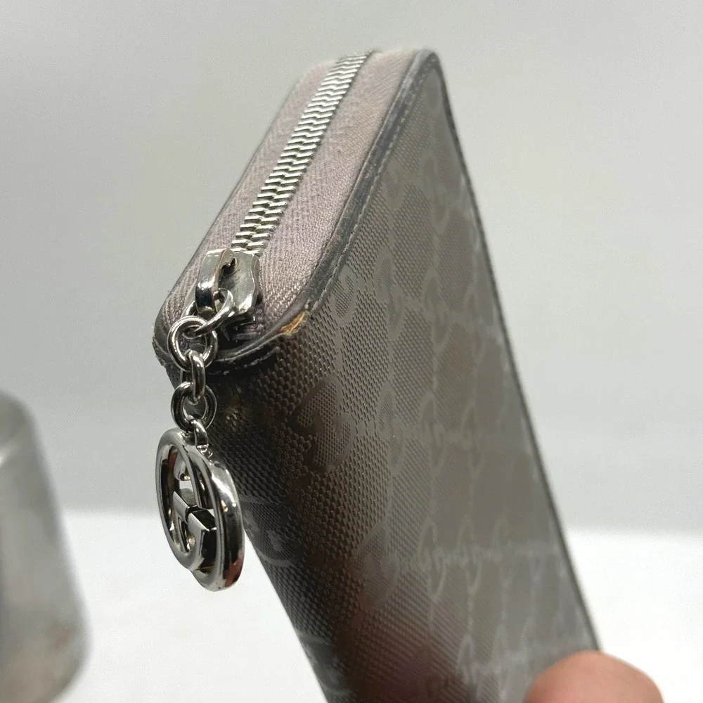 Gucci GG Monogram Zip‎ Around Wallet Silver Purple Gray Leather PVC Mirror